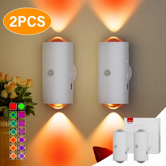 Two wall-mounted light fixtures with color-changing options on a neutral background.