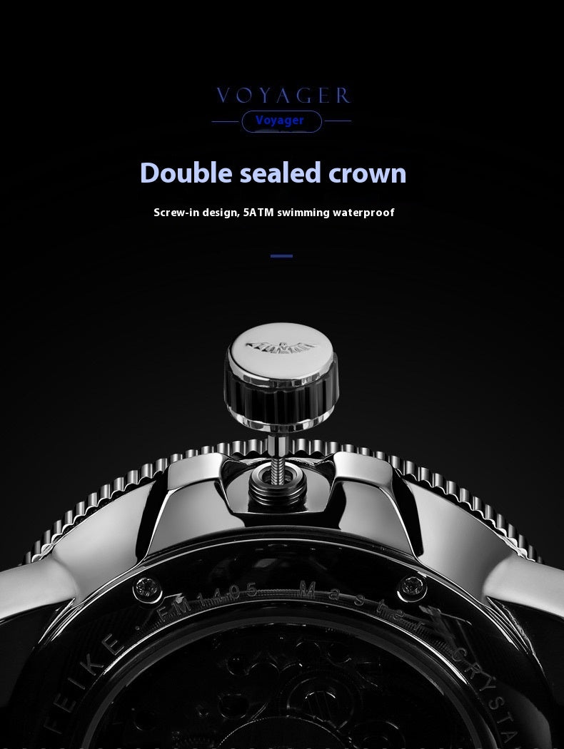 Close-up of a watch crown with 'Voyager' branding on a black background