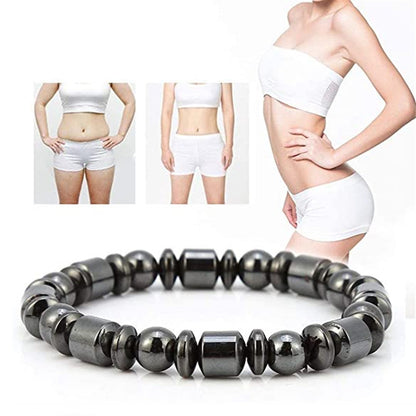 Gray beaded bracelet with a person wearing white underwear in the background