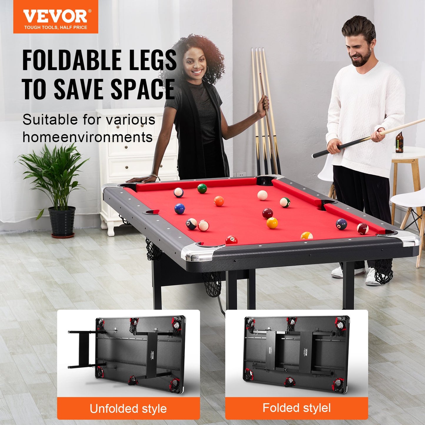 Billiards Table, 192 Cm Pool Table, Portable Foldable Space-Saving Table, Billiard Table Set Includes Balls, Cues, Chalks And Brush, Black With Red Cloth, Perfect For Family Game Room Kid Adult