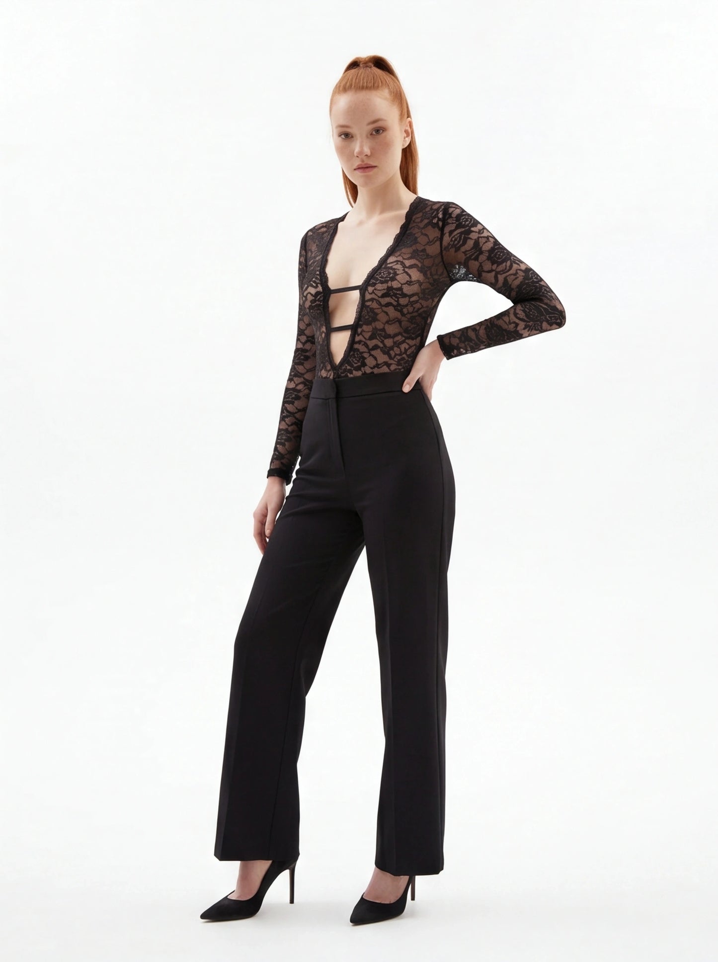 Schwarzer Spitzenbody Damen Transparent Langarm Clubwear