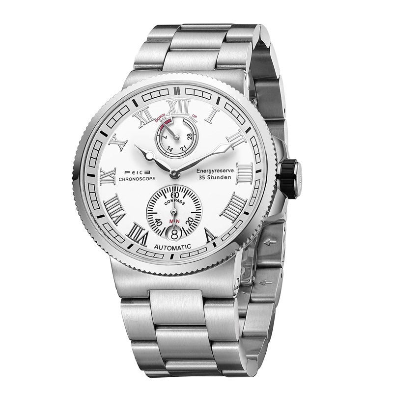 Silver wristwatch with a detailed face on a white background