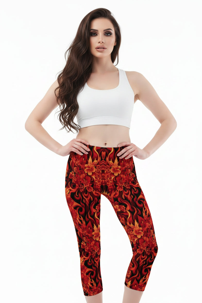 Capri leggings with a fiery pattern on a white background