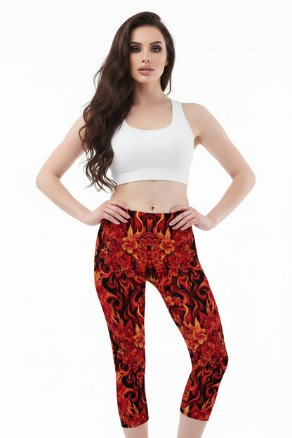 Capri leggings with a fiery pattern on a white background