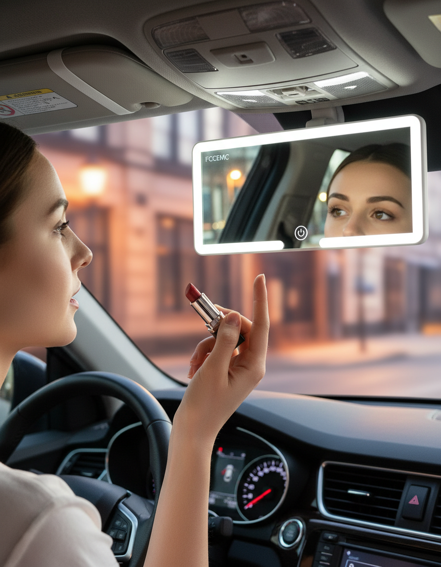 Woman applying lipstick in her car, using the Rechargeable LED Car Sun Visor Makeup Mirror - HD Clarity.