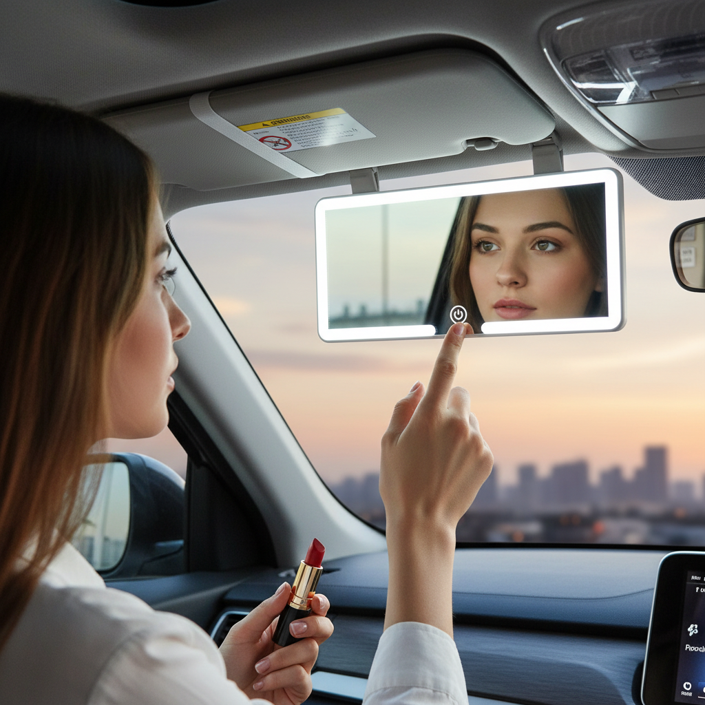 Woman applying makeup using Teglex LED Car Sun Visor Makeup Vanity Mirror in car, city skyline at sunset.
