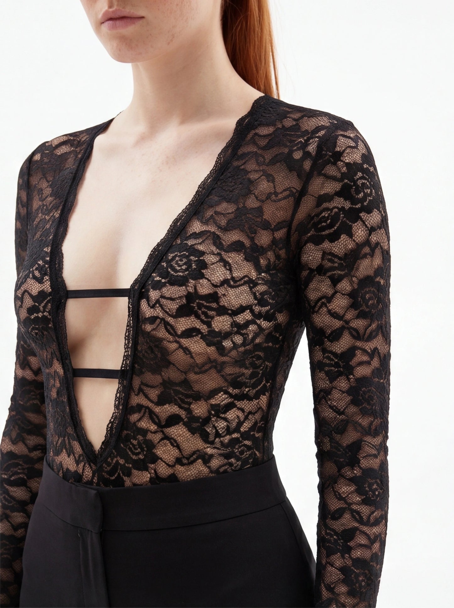 Schwarzer Spitzenbody Damen Transparent Langarm Clubwear