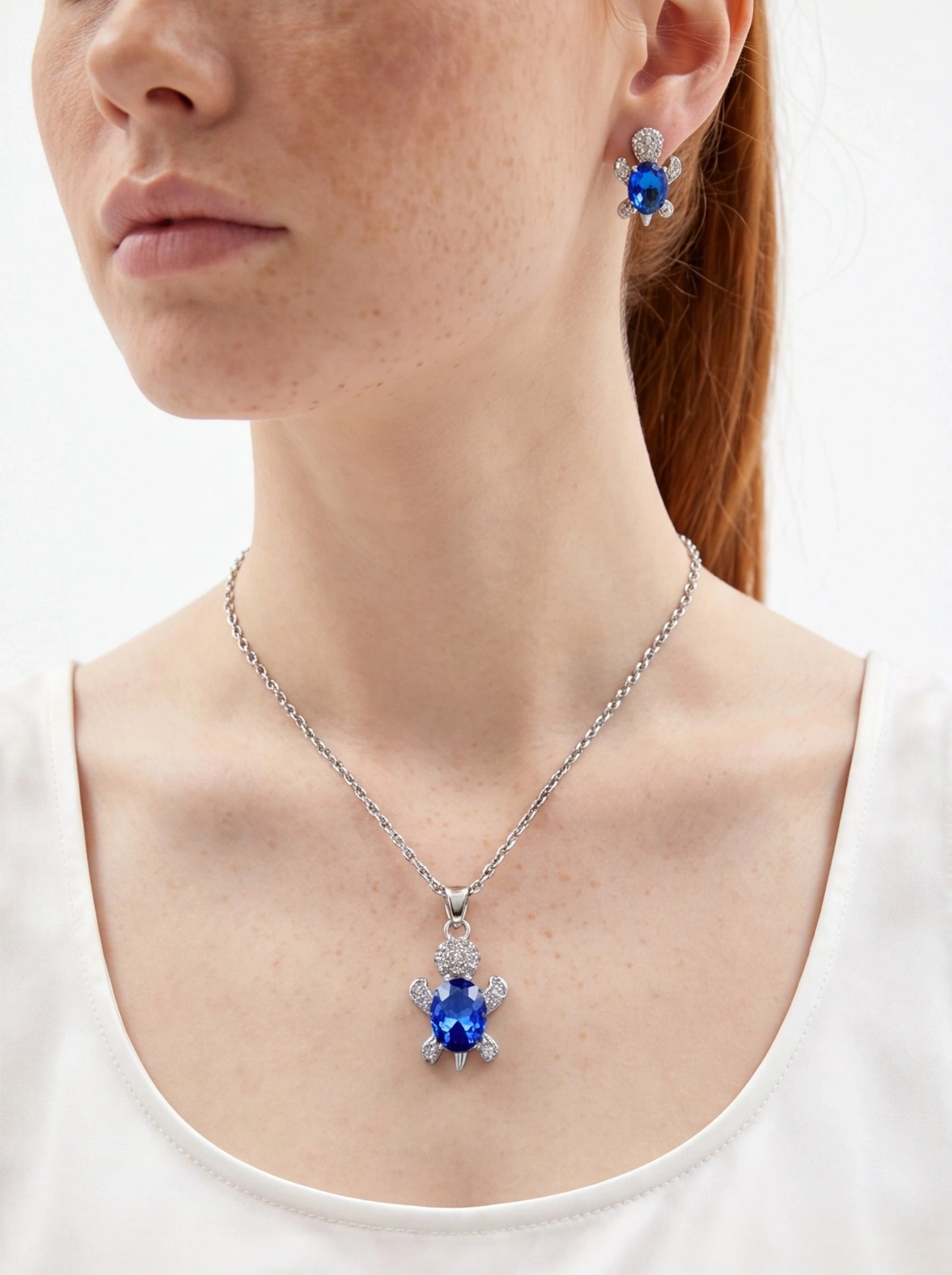 Silver-Plated Turtle Necklace Earrings Set Glass Diamond